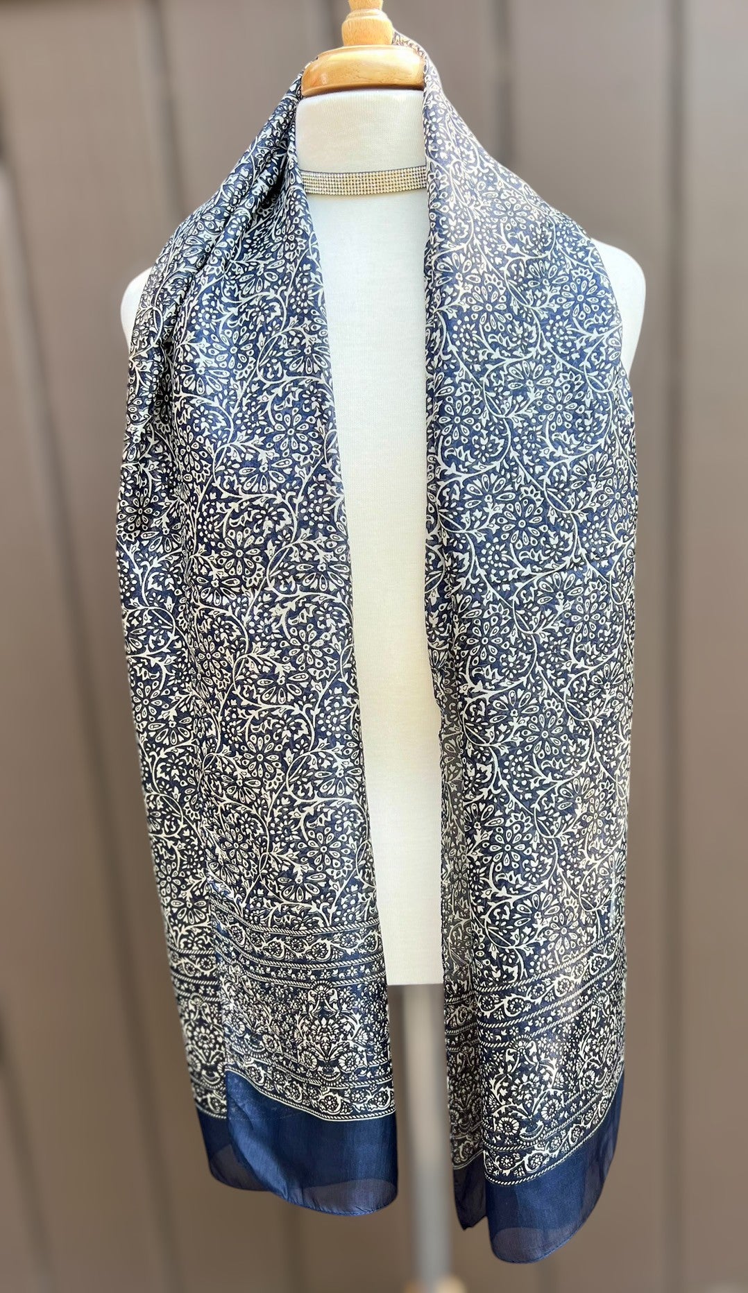Navy and White Silk Scarf
