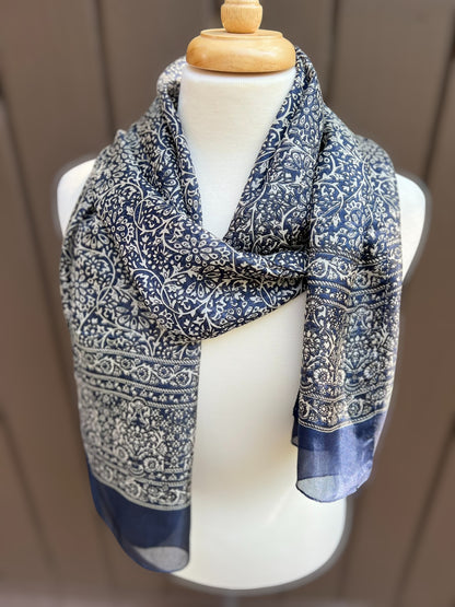 Navy and White Silk Scarf