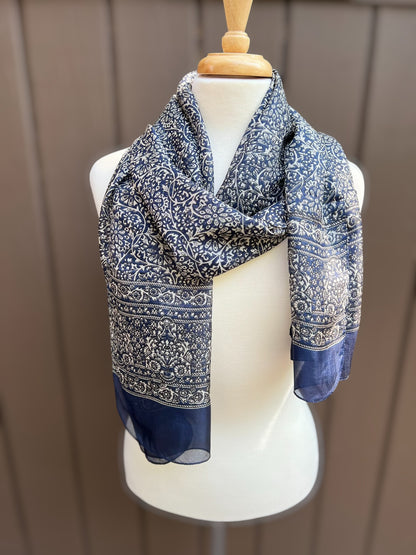 Navy and White Silk Scarf