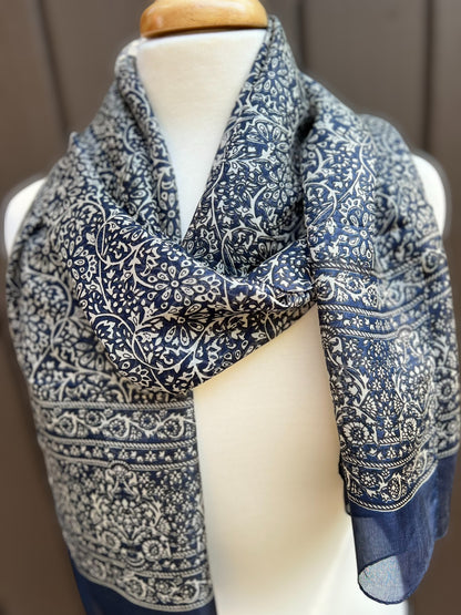 Navy and White Silk Scarf